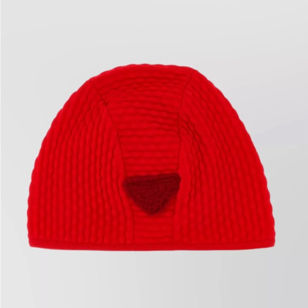 NWT Prada Logo Runway FW24 Stretch Nylon Beanie with Ribbed Design in Rosso Red - Picture 4 of 14